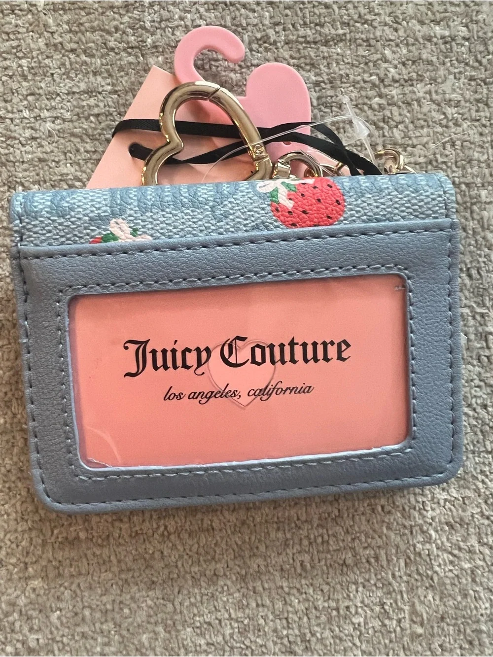 Juicy Couture Blue Strawberry Card Holder with Gold Heart Keychain